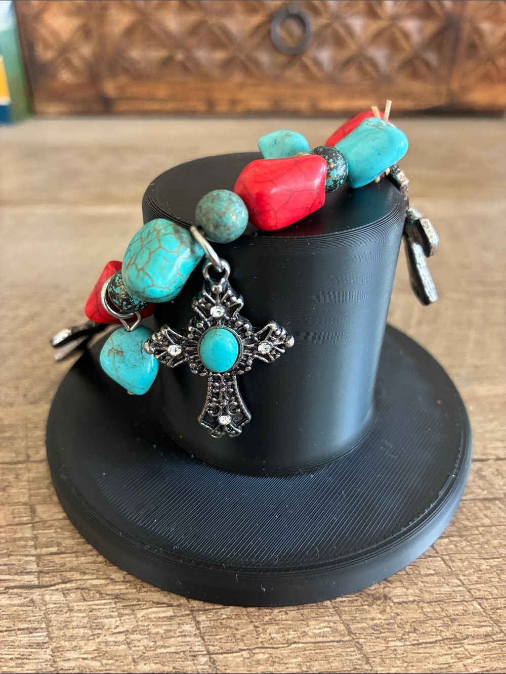 Vintage bracelet Turquoise Semi Precious Gemstone & Red Coral crosses Silver